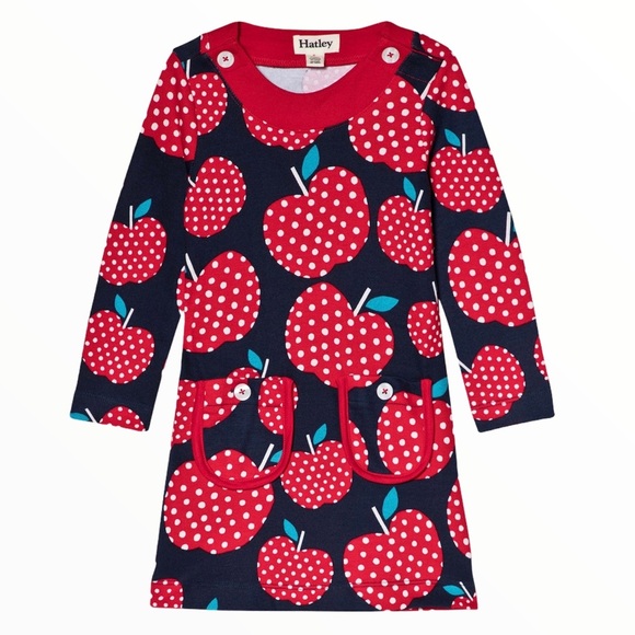 HATLEY Polka Dot Apples Mod Casual Dress With Peter Pan Collar Blue/Red Girls 5Y - Picture 1 of 9